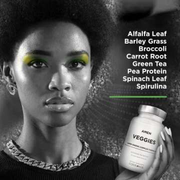 Amen Veggies, Daily Veggies Vitamins Supplement, Vegetables Vegan Blend & Whole-Food Raw Greens Multivitamin Capsules, Mushroom Complex, Superfood, Minerals, Green Vegetable Nutrients, Non-GMO, 90 ct