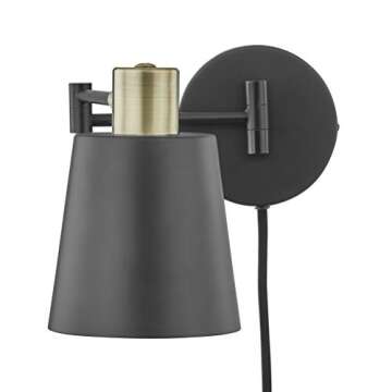 Light Society LS-W280-BK Alexi Plug-in Wall Sconce in Matte Black with Swivel Arm and Brass Details, Modern Contemporary Loft-Style Lighting