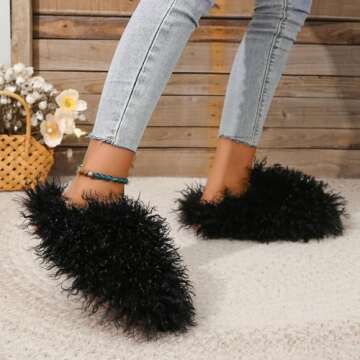 Unisex Fuzzy Faux Fur Slippers, Women's Fluffy Long Hair Sheep Faux Fur Slip on Slides, Girls Luxury Big Fluffy Outdoor Flat Slippers, Long Curly Hair Non-Slip Warm Home Slide Shoes(Black,4.5-5)
