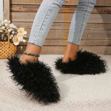 Unisex Fuzzy Faux Fur Slippers, Women's Fluffy Long Hair Sheep Faux Fur Slip on Slides, Girls Luxury Big Fluffy Outdoor Flat Slippers, Long Curly Hair Non-Slip Warm Home Slide Shoes(Black,4.5-5)