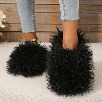 Unisex Fuzzy Faux Fur Slippers, Women's Fluffy Long Hair Sheep Faux Fur Slip on Slides, Girls Luxury Big Fluffy Outdoor Flat Slippers, Long Curly Hair Non-Slip Warm Home Slide Shoes(Black,4.5-5)