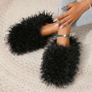 Unisex Fuzzy Faux Fur Slippers, Women's Fluffy Long Hair Sheep Faux Fur Slip on Slides, Girls Luxury Big Fluffy Outdoor Flat Slippers, Long Curly Hair Non-Slip Warm Home Slide Shoes(Black,4.5-5)