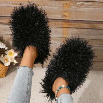 Unisex Fuzzy Faux Fur Slippers, Women's Fluffy Long Hair Sheep Faux Fur Slip on Slides, Girls Luxury Big Fluffy Outdoor Flat Slippers, Long Curly Hair Non-Slip Warm Home Slide Shoes(Black,4.5-5)