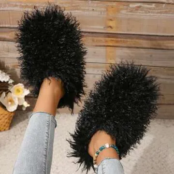 Unisex Fuzzy Faux Fur Slippers, Women's Fluffy Long Hair Sheep Faux Fur Slip on Slides, Girls Luxury Big Fluffy Outdoor Flat Slippers, Long Curly Hair Non-Slip Warm Home Slide Shoes(Black,4.5-5)