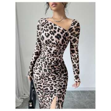 GORGLITTER Women's Maxi Leopard Long Sleeve Dress Drawstring Ruched Asymmetrical Neck Split Thigh Dresses Beige X-Small
