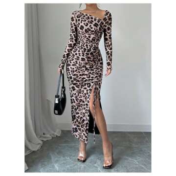 GORGLITTER Women's Maxi Leopard Long Sleeve Dress Drawstring Ruched Asymmetrical Neck Split Thigh Dresses Beige X-Small