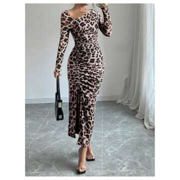 GORGLITTER Women's Maxi Leopard Long Sleeve Dress Drawstring Ruched Asymmetrical Neck Split Thigh Dresses Beige X-Small
