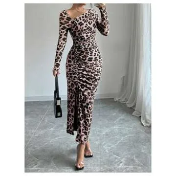 GORGLITTER Women's Maxi Leopard Long Sleeve Dress Drawstring Ruched Asymmetrical Neck Split Thigh Dresses Beige X-Small