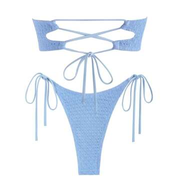 ZAFUL Women's Bandeau Bikini Strapless O Ring Lace Tie Back High Cut Two Piece Swimsuit Bathing Suit...
