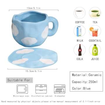 Disoza Coffee Mugs Set with Saucer Cute Cloud In The Sky Cup Gifts for Women for Birthday Tea Coffee Mug 250 ML Ceramic Cup Birthday Gift for Women Girls Mom Friend Coffee Mug Tea Cup Saucer Set