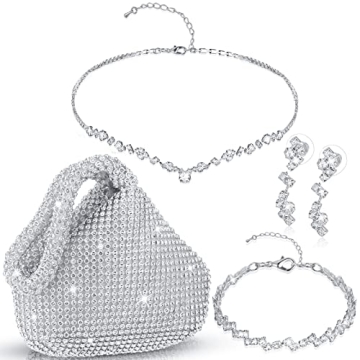 Meanplan 4 Pcs Silver Clutch Purse Jewelry Set for Women Evening Rhinestone Purse Silver Accessories...