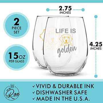 On The Rox Drinks Golden Retriever Gifts for Dog Lovers - Life Is Golden 15 oz Stemless Wine Glass S...