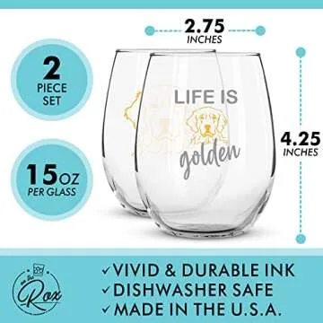 On The Rox Drinks Golden Retriever Gifts for Dog Lovers - Life Is Golden 15 oz Stemless Wine Glass S...