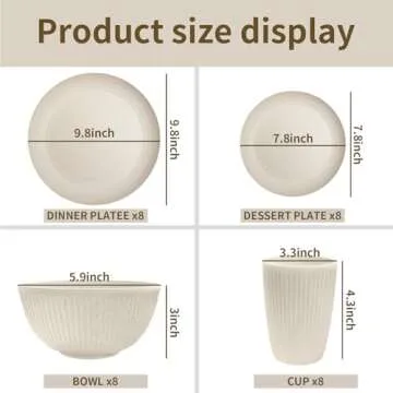 VIVAHEARTH 32-Piece Wheat Straw Dinnerware Sets, Dishes Set for 8, Unbreakable Plates, Bowls, Cups Sets for Kitchen Parties Camping RV - Beige