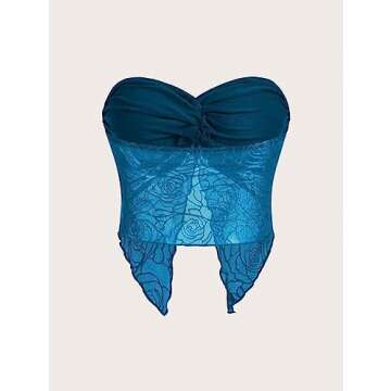 Meladyan Woman Twist Knot Front Split Embroidery Lace Crop Tube Tops Ruched Sheer Mesh Strapless Sol...