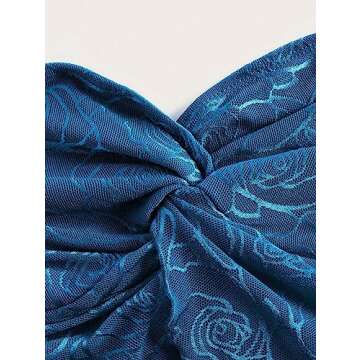 Meladyan Woman Twist Knot Front Split Embroidery Lace Crop Tube Tops Ruched Sheer Mesh Strapless Solid Crop Bandeau Tank Top Blue