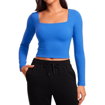 CRZ YOGA Womens Butterluxe Double Lined Long Sleeve Crop Top Square Neck Workout Athletic Casual Cro...