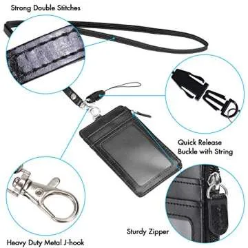 Durable PU Leather Badge Holder with Zipper and Lanyard