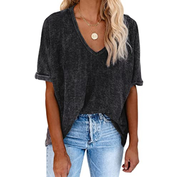 EVALESS V Neck Tops for Women Casual Summer Fashion 2024 Short Sleeve Waffle Knit Shirts Cotton T Sh...