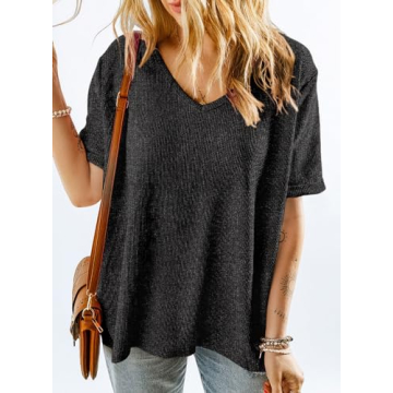EVALESS V Neck Tops for Women Summer Waffle Knit Blouse
