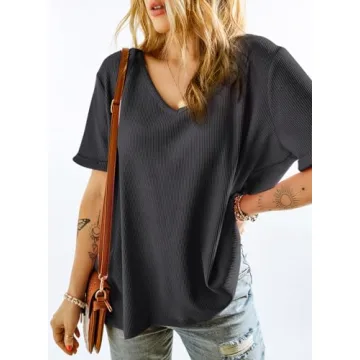 EVALESS V Neck Tops for Women Summer Waffle Knit Blouse