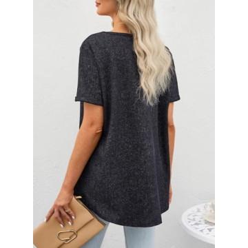 EVALESS V Neck Tops for Women Summer Waffle Knit Blouse