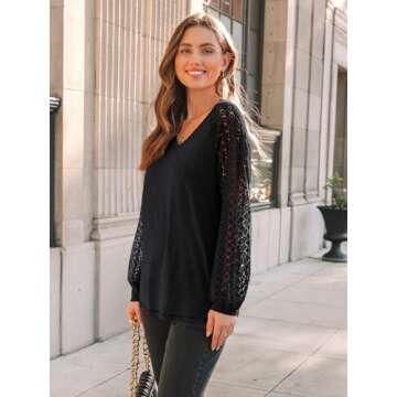 AUTOMET Women's Trendy Long Sleeve V-Neck Lace Blouse