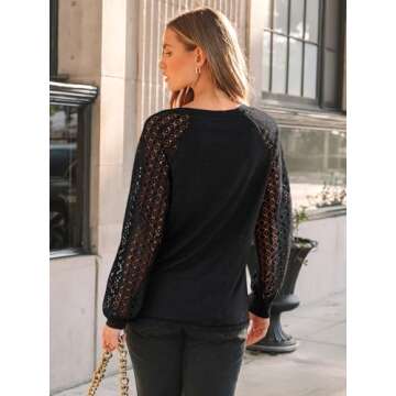 AUTOMET Women's Trendy Long Sleeve V-Neck Lace Blouse