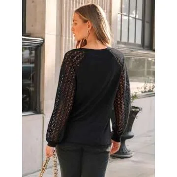 AUTOMET Women's Trendy Long Sleeve V-Neck Lace Blouse