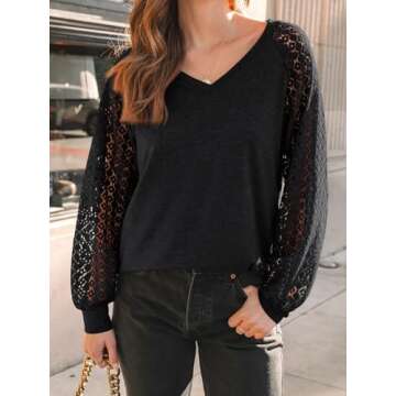 AUTOMET Women's Trendy Long Sleeve V-Neck Lace Blouse