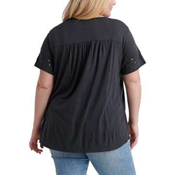 Lucky Brand Women's Plus Size Embroidered Cut-Out TOP, Washed Black, 1X