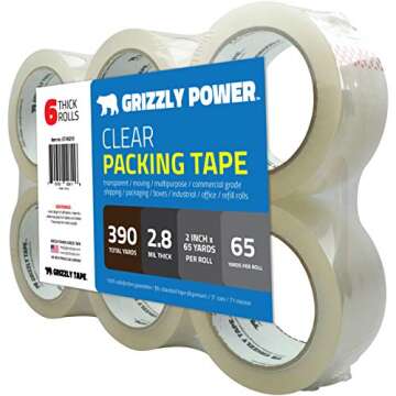 Grizzly Power Clear Packing Tape Refill Rolls for Shipping, Moving Packaging - True 2 Inch x 65 Yard...