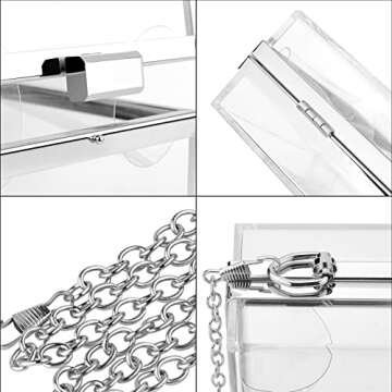 Acrylic Clear Clutch Bag, Women's Clear Purse, Transparent Stadium Approved Crossbody Shoulder Evening Handbag with Two Detachable Chains for Wedding (Silver) (Fits Phones UP TO 6.5" Screen)