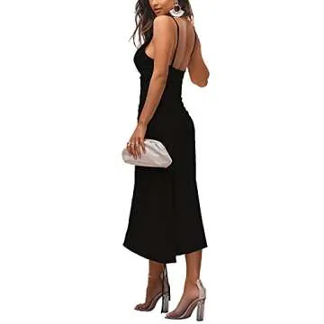 LYANER Women's Satin Spaghetti Straps Cowl Neck Sexy Ruch Cocktail Midi Dresses Black X-Large