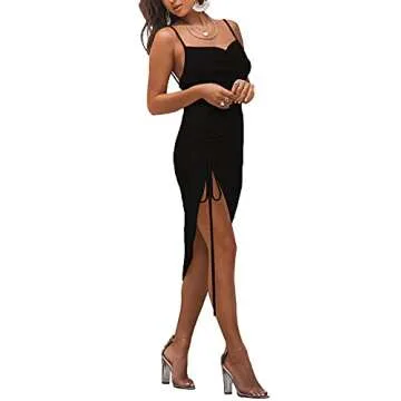 LYANER Women's Satin Spaghetti Straps Cowl Neck Sexy Ruch Cocktail Midi Dresses Black X-Large