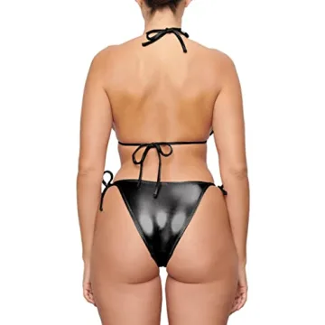 Metallic String Bikini for Women - Sexy Beach Glitter Swimsuits Bathing Suit Triangle Tops Side Tie Thong Bottom Set(Black,L,1026e)