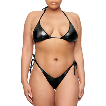 Metallic String Bikini for Women - Sexy Beach Glitter Swimsuits Bathing Suit Triangle Tops Side Tie Thong Bottom Set(Black,L,1026e)