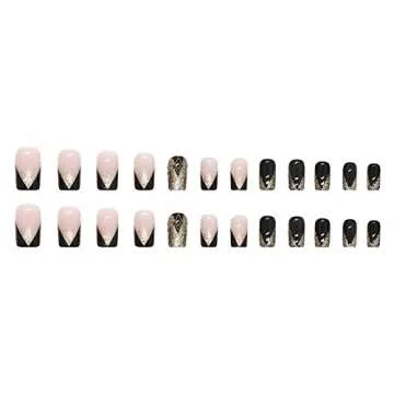 MISUD Medium Square Press on Nails Squoval Fake Nails Black French Tip Artificial Acrylic Nails Glos...
