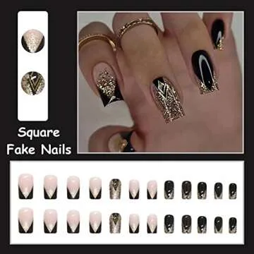 MISUD Medium Square Press on Nails with Gold Glitter