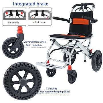 Portable Folding Wheelchair, Travel Wheelchair with handbrake, Ultra-Light Wheelchair for The Elderly and Children (with Bag) (12 inch PU Rear Wheel)