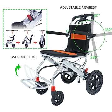 Portable Folding Wheelchair, Travel Wheelchair with handbrake, Ultra-Light Wheelchair for The Elderly and Children (with Bag) (12 inch PU Rear Wheel)