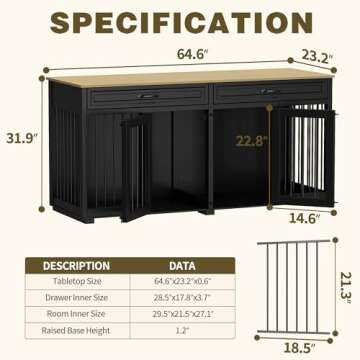 DAWNSPACES Dog Kennel Furniture, 64.6 Inch Heavy Duty Wooden Large Furniture Style Dog Crate with Dr...