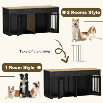 DAWNSPACES Dog Kennel Furniture, 64.6 Inch Heavy Duty Wooden Large Furniture Style Dog Crate with Drawers & Divider, Indoor Dog House TV Stand with Double Rooms for Medium Small Dogs, Black