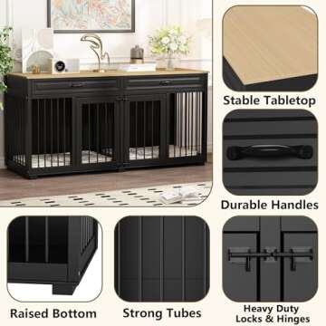 DAWNSPACES Dog Kennel Furniture, 64.6 Inch Heavy Duty Wooden Large Furniture Style Dog Crate with Drawers & Divider, Indoor Dog House TV Stand with Double Rooms for Medium Small Dogs, Black
