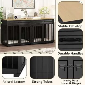 DAWNSPACES Dog Kennel Furniture, 64.6 Inch Heavy Duty Wooden Large Furniture Style Dog Crate with Drawers & Divider, Indoor Dog House TV Stand with Double Rooms for Medium Small Dogs, Black