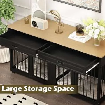 DAWNSPACES Dog Kennel Furniture, 64.6 Inch Heavy Duty Wooden Large Furniture Style Dog Crate with Drawers & Divider, Indoor Dog House TV Stand with Double Rooms for Medium Small Dogs, Black