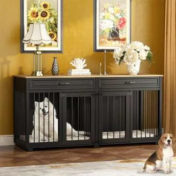 DAWNSPACES Dog Kennel Furniture, 64.6 Inch Heavy Duty Wooden Large Furniture Style Dog Crate with Drawers & Divider, Indoor Dog House TV Stand with Double Rooms for Medium Small Dogs, Black