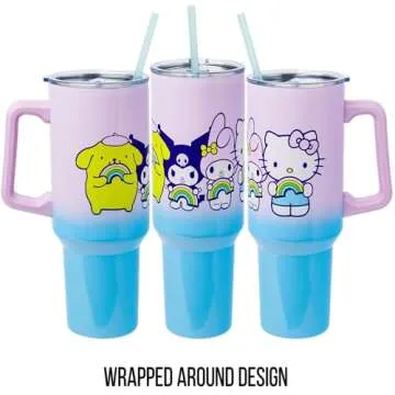 Silver Buffalo Sanrio Hello Kitty and Friends Featuring My Melody, Kuromi, and Pompompurin Rainbow Ombre Stainless Steel Tumbler with Handle and Straw, Fits in Standard Cup Holder, 40 Ounces