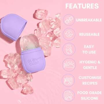 Glow Cube Ice Roller For Face Eyes and Neck To Brighten Skin & Enhance Your Natural Glow/Reusable Facial Tool to Tighten & Tone Skin & De-Puff The Eye Area (Pastel Purple)