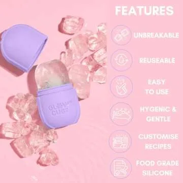 Glow Cube Ice Roller For Face Eyes and Neck To Brighten Skin & Enhance Your Natural Glow/Reusable Facial Tool to Tighten & Tone Skin & De-Puff The Eye Area (Pastel Purple)
